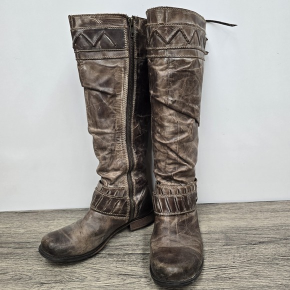 Buckle Corral Leather Slouch Lace Tall Top Boot Size 6 Brown Distressed